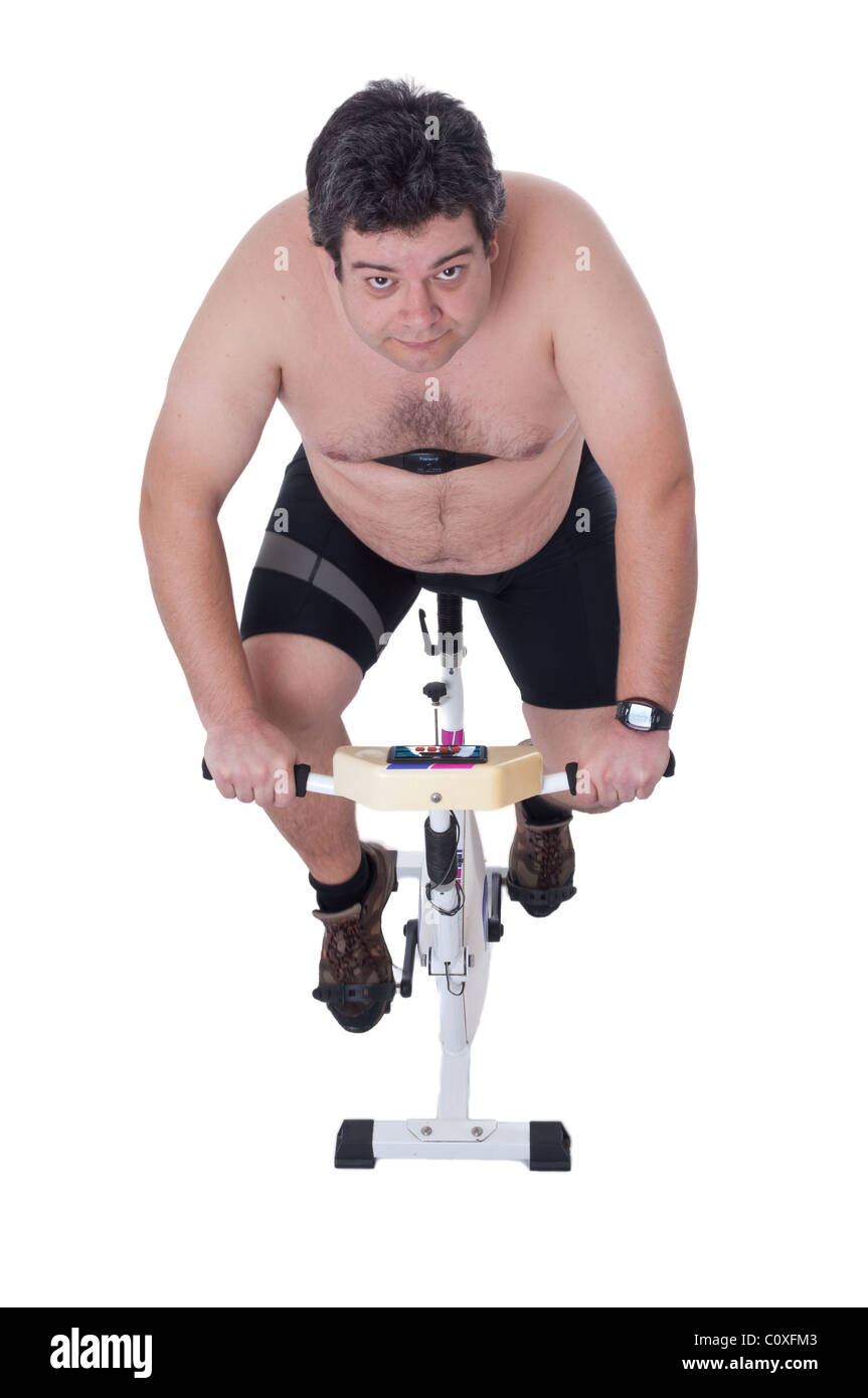 Fat man doing workout in static bicycle Stock Photo Alamy
