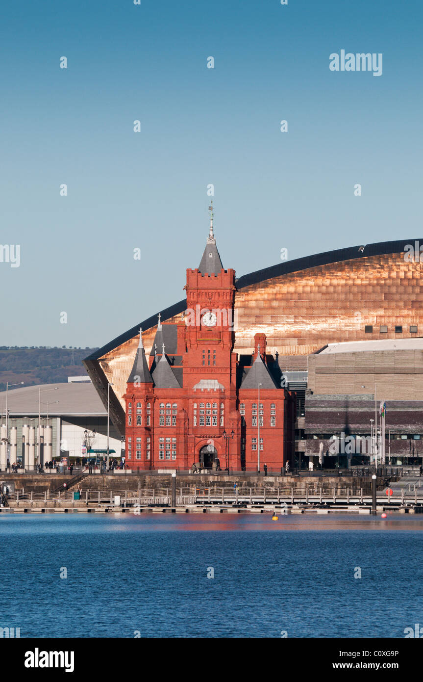 The Pierhead  Building, Millennium Centre and Senedd Building, Cardiff Bay, South Wales. UK Stock Photo