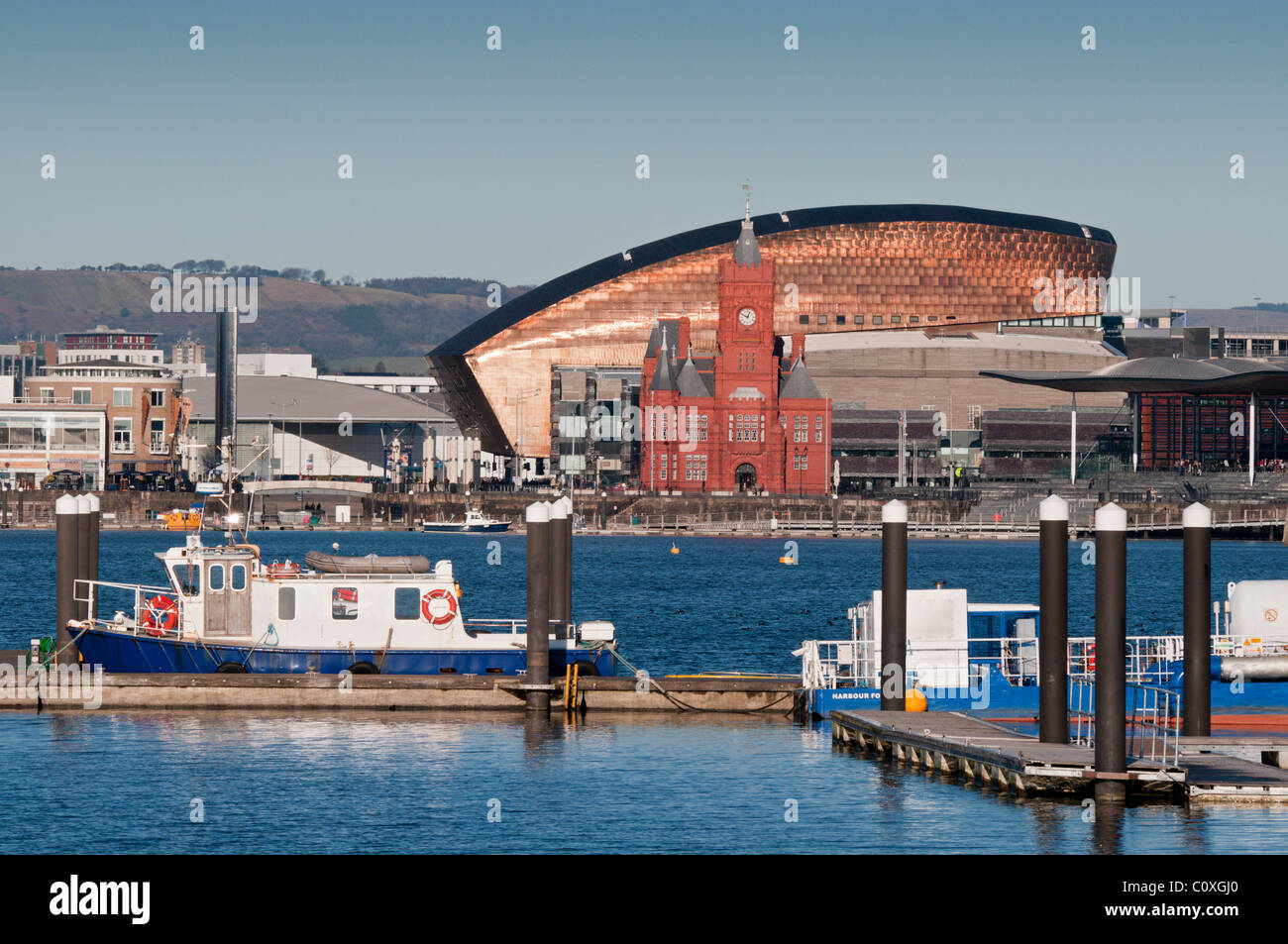 The Pierhead  Building, Millennium Centre and Senedd Building, Cardiff Bay, South Wales. UK Stock Photo