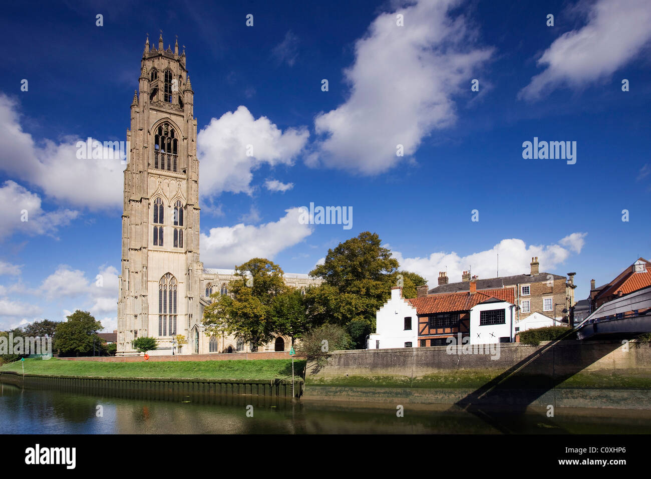 St Botolph's Church in Boston, Lincolnshire, and the Haven river. The church is known locally as the Boston Stump. Stock Photo