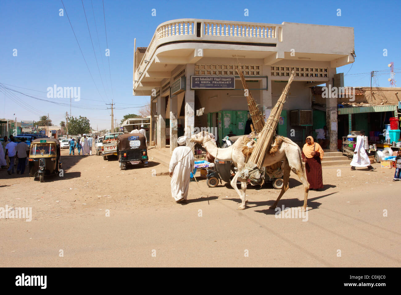 A man is carrying some items on the camel in Dongola city, Sudan Stock Photo