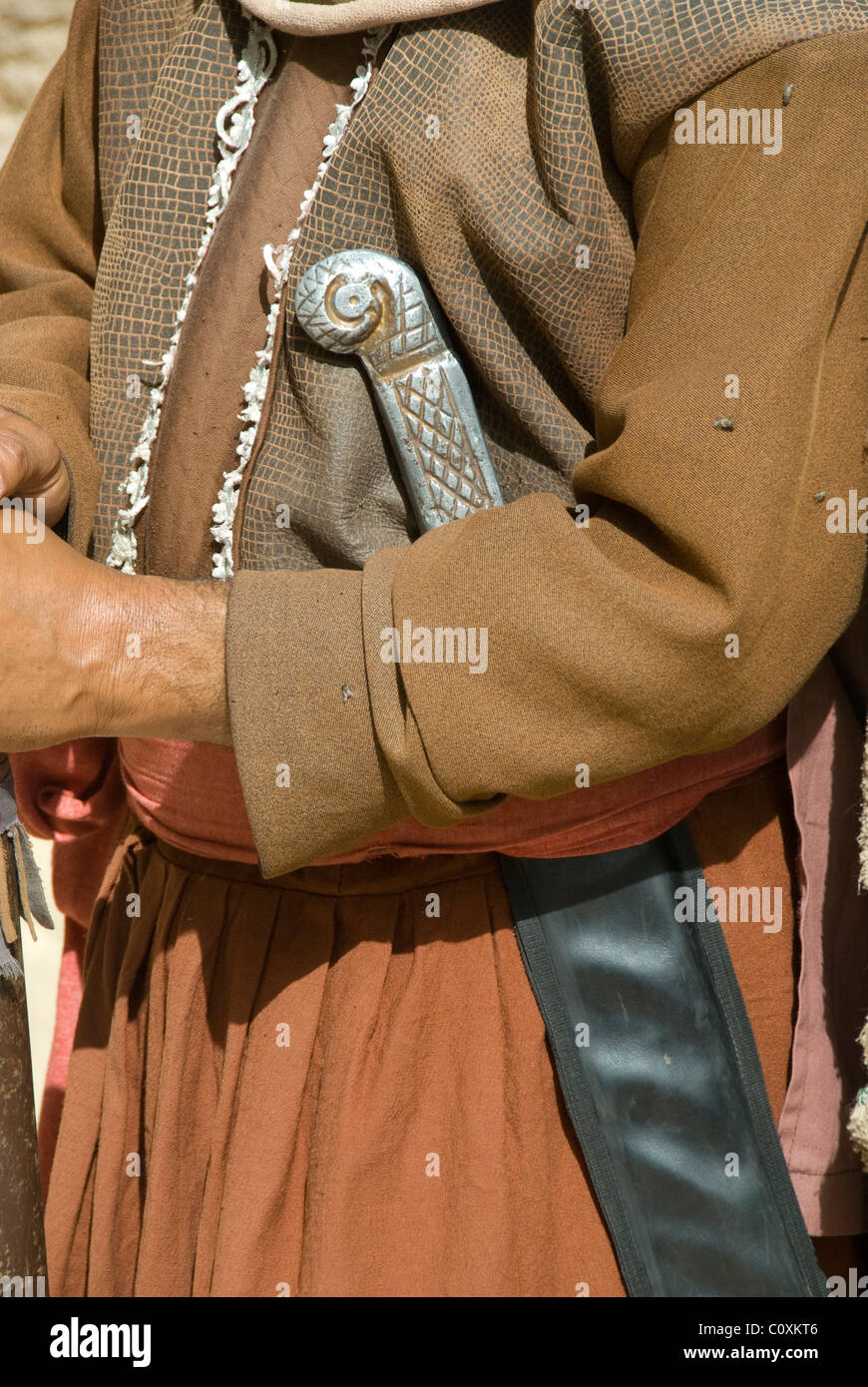 Jordan, Ancient Nabataean city of Petra. Guards dressed in ancient attire, costume detail. Stock Photo