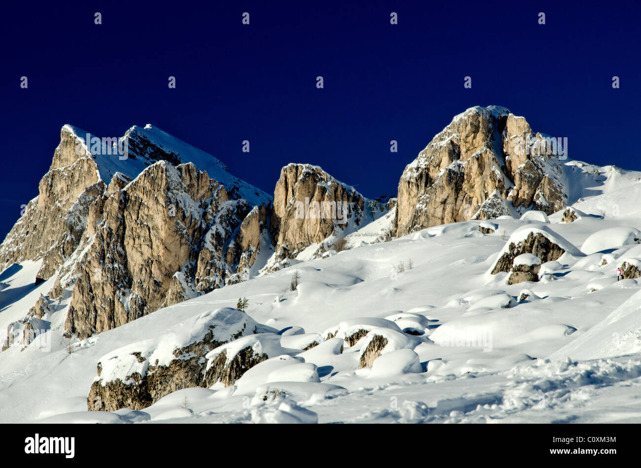 Snowy Landscape of Dolomites Mountains during Winter Season, Italy Stock Photo
