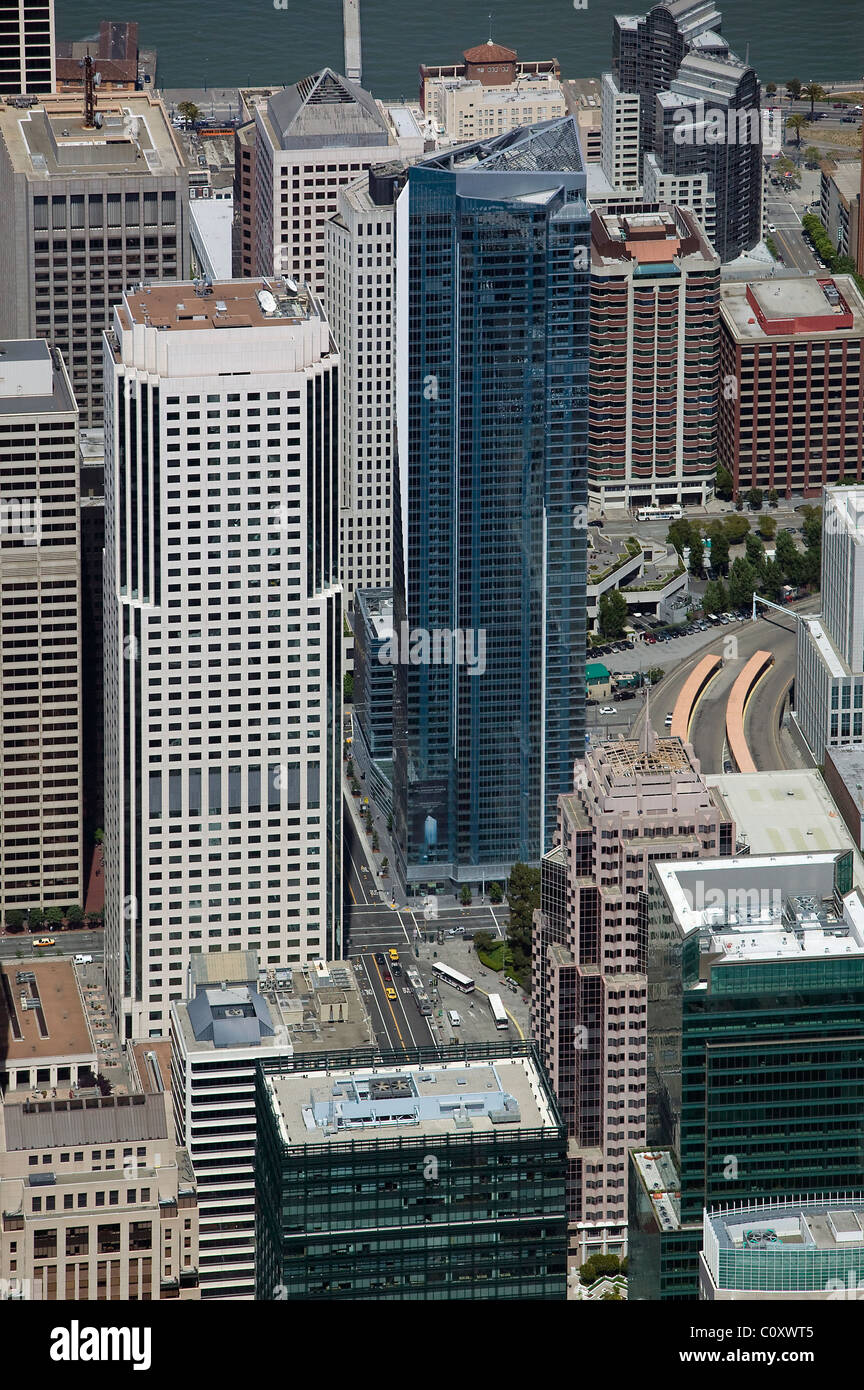 aerial view above Millennium Tower adjacent office high rise buildings San Francisco California Stock Photo