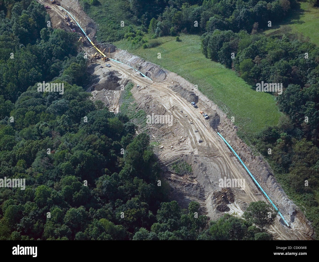 aerial view above laying of cross country natural gas pipeline Ohio Stock Photo