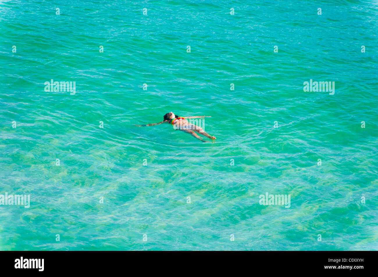 Woman swimming in Caribbean waters, Barbados, clear turquoise sea and sunshine Stock Photo