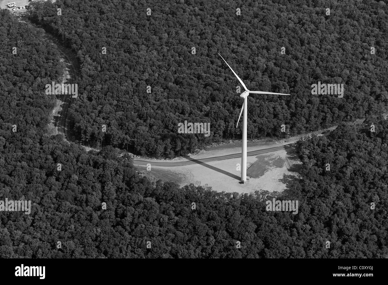 aerial view above wind turbine deciduous forest Appalachian mountains Pennsylvania Stock Photo