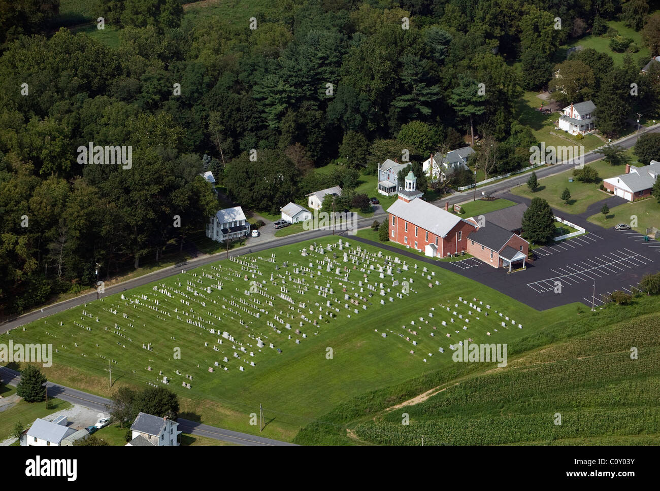 aerial view above rural church cemetery Pennsylvania Stock Photo