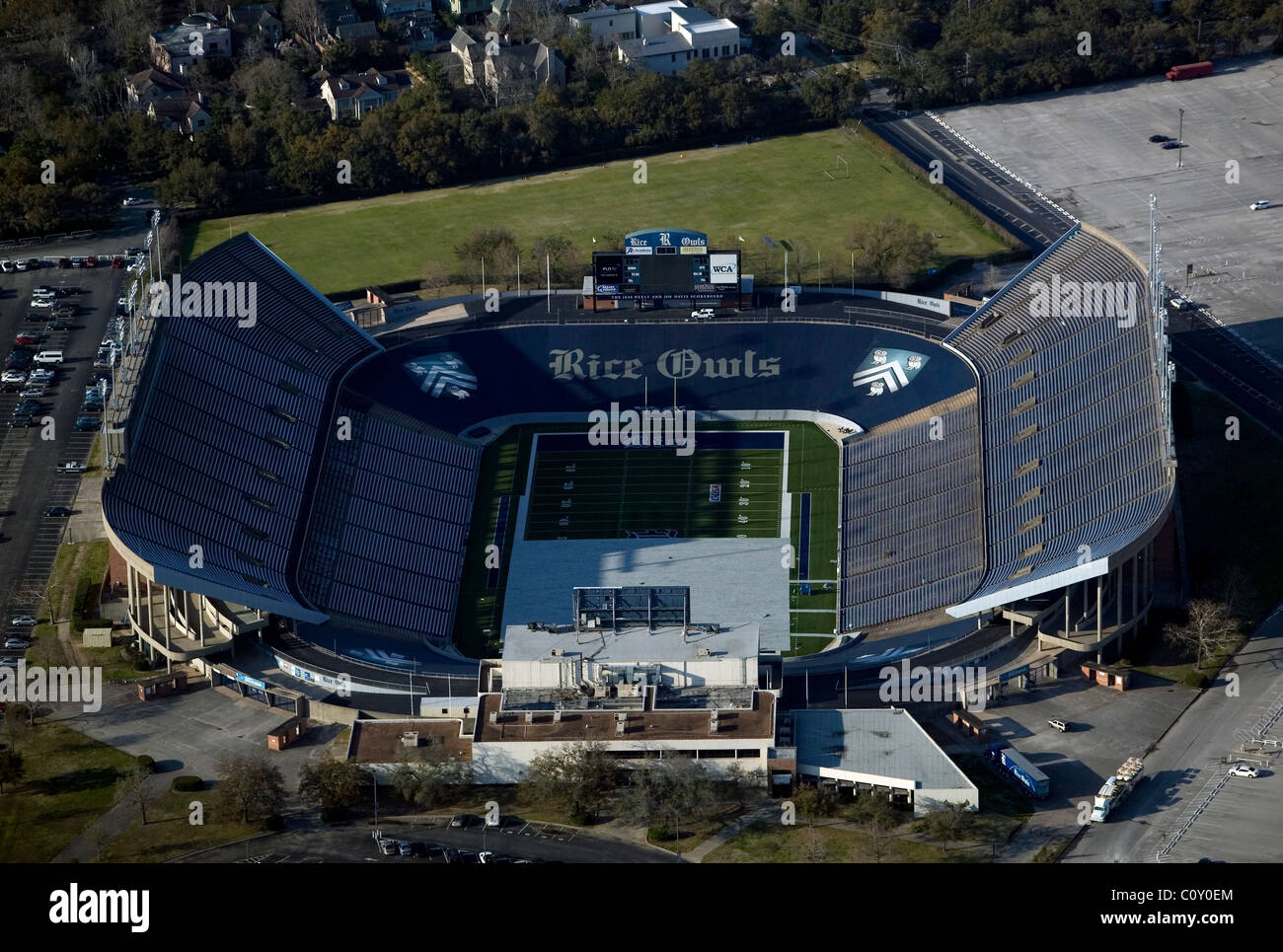 aerial view above Rice University stadium Houston Texas Stock Photo