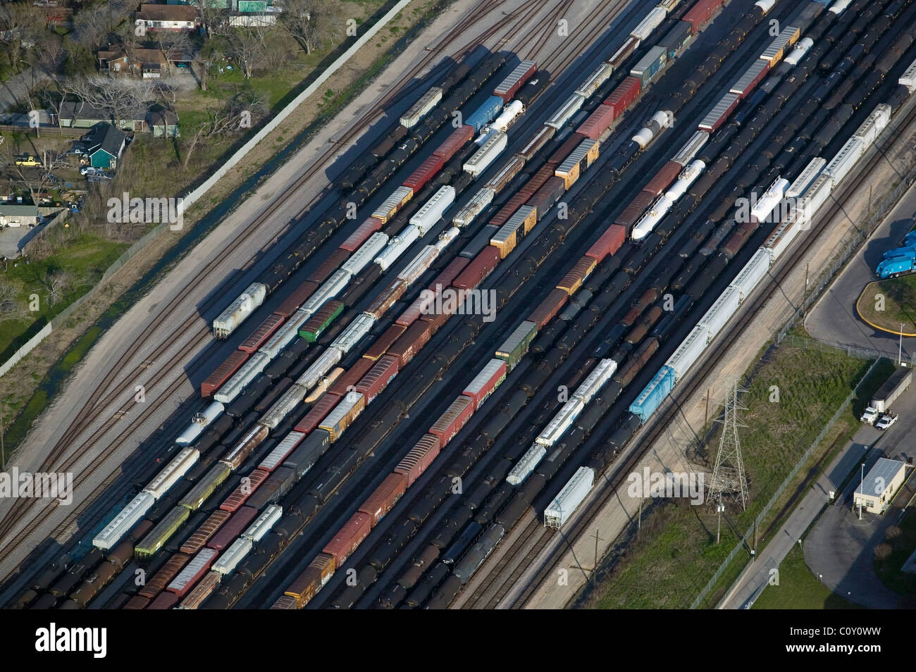 aerial view above railroad yard Houston Texas Stock Photo
