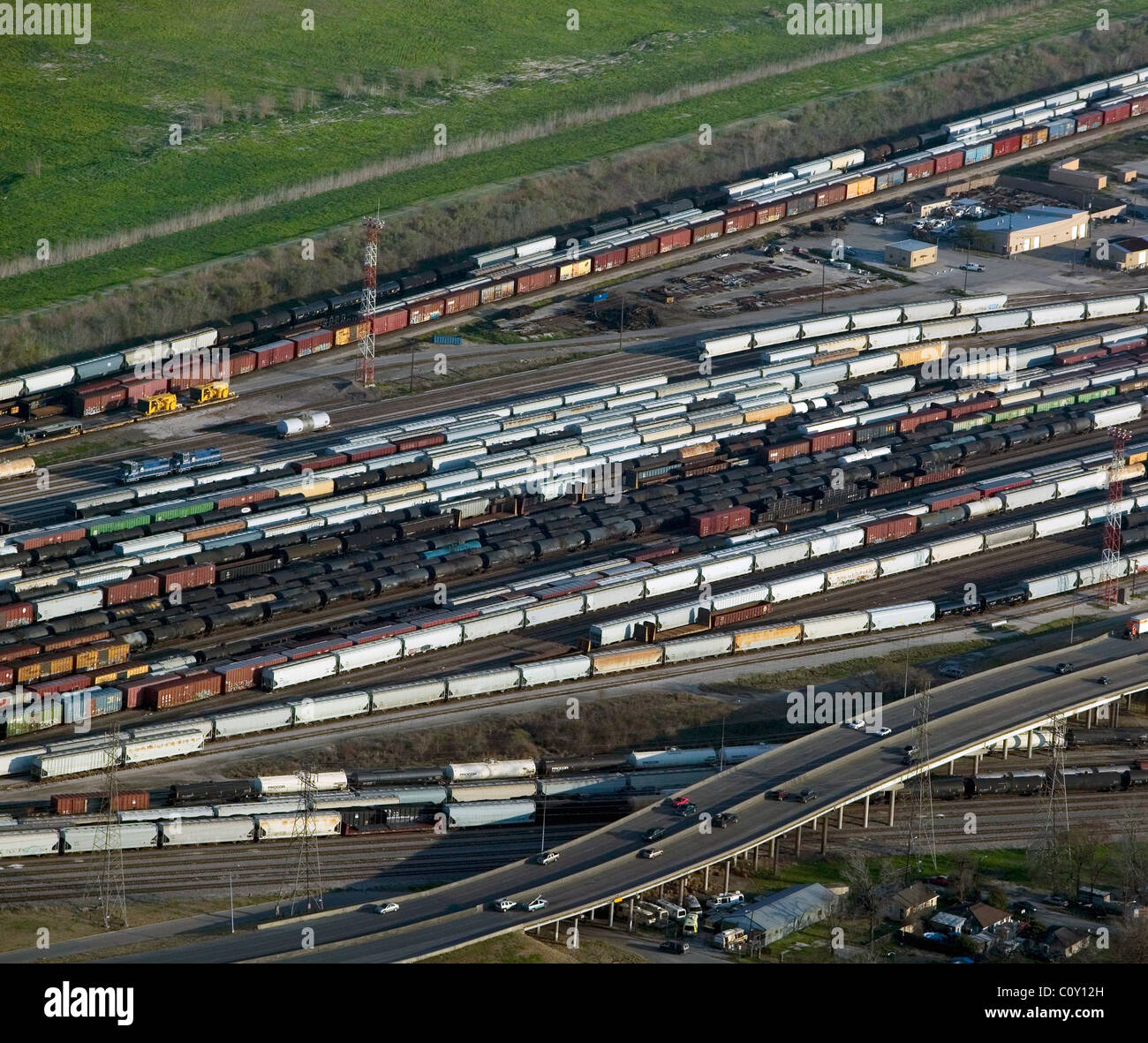 aerial view above railroad yard Houston Texas Stock Photo