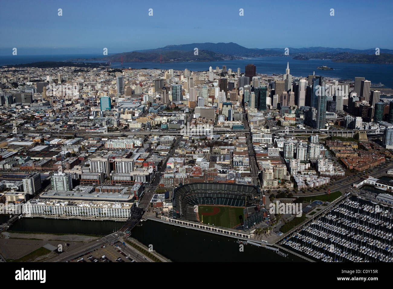 aerial view above AT&T Giants baseball park south beach marina skyline San Francisco California Stock Photo
