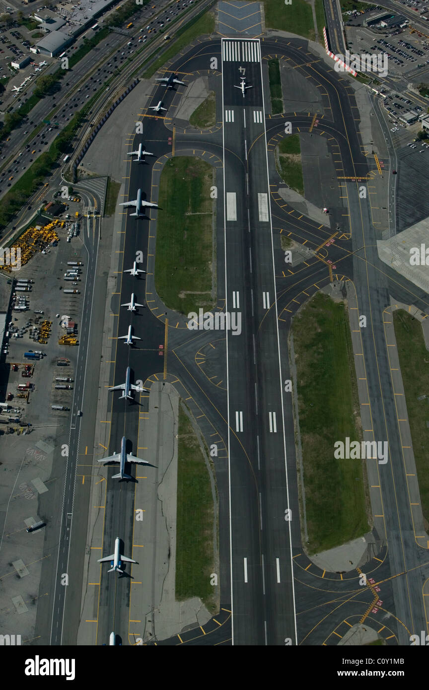 aerial view above departing aircraft runway 4 LaGuardia airport Queens New York Stock Photo
