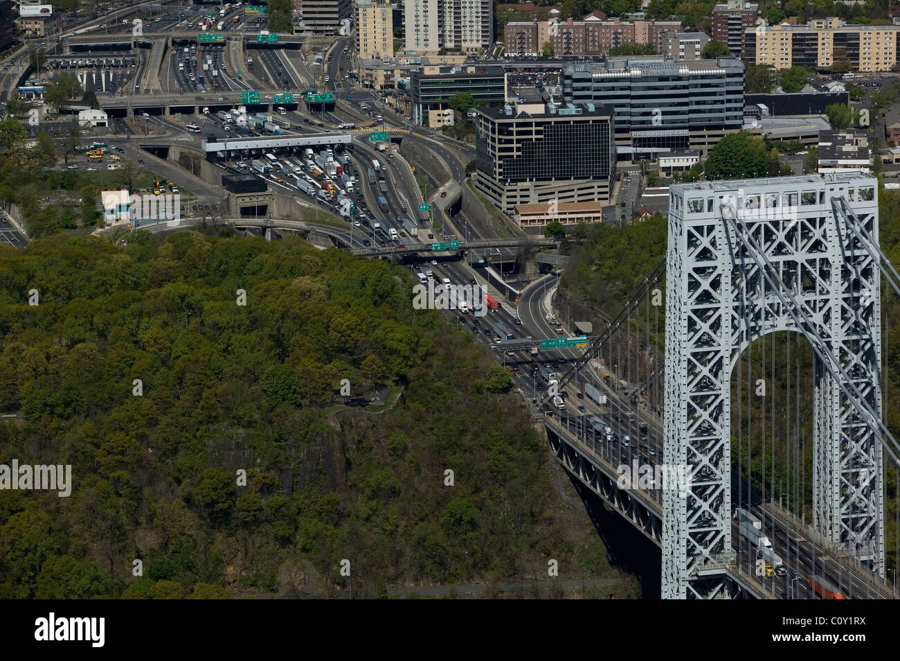 aerial view above George Washington bridge toll plaza booths New Jersey Stock Photo