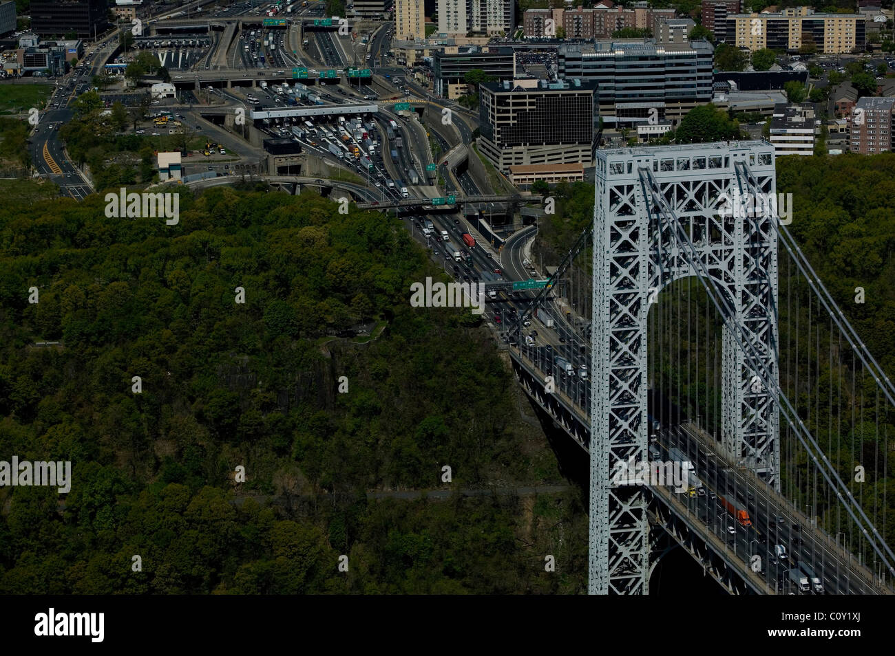 aerial view above George Washington bridge toll plaza booths New Jersey Stock Photo