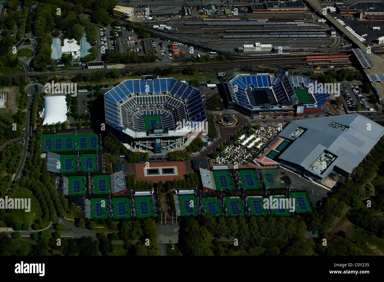 aerial view above USTA Billie Jean King National Tennis Center Arthur Ashe Stadium Flushing Meadows-Corona Park Queens New York Stock Photo