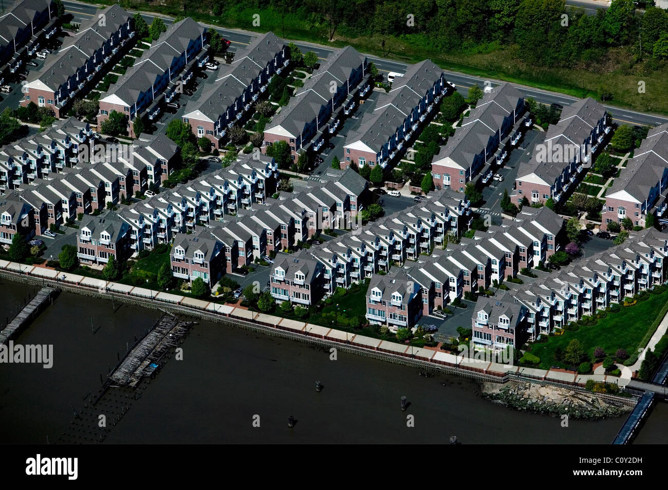 aerial view above waterfront row houses Hudson river Bergen county