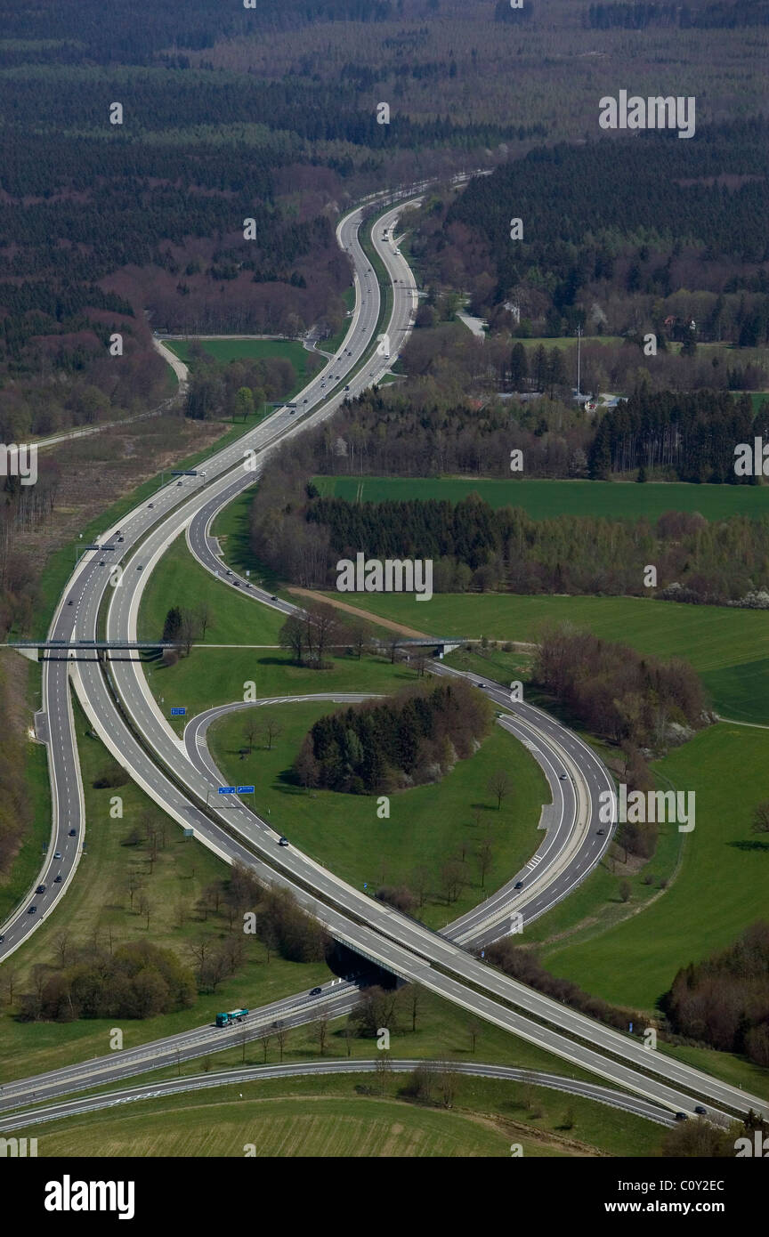 aerial view above Autobahn interchange Bavaria Stock Photo