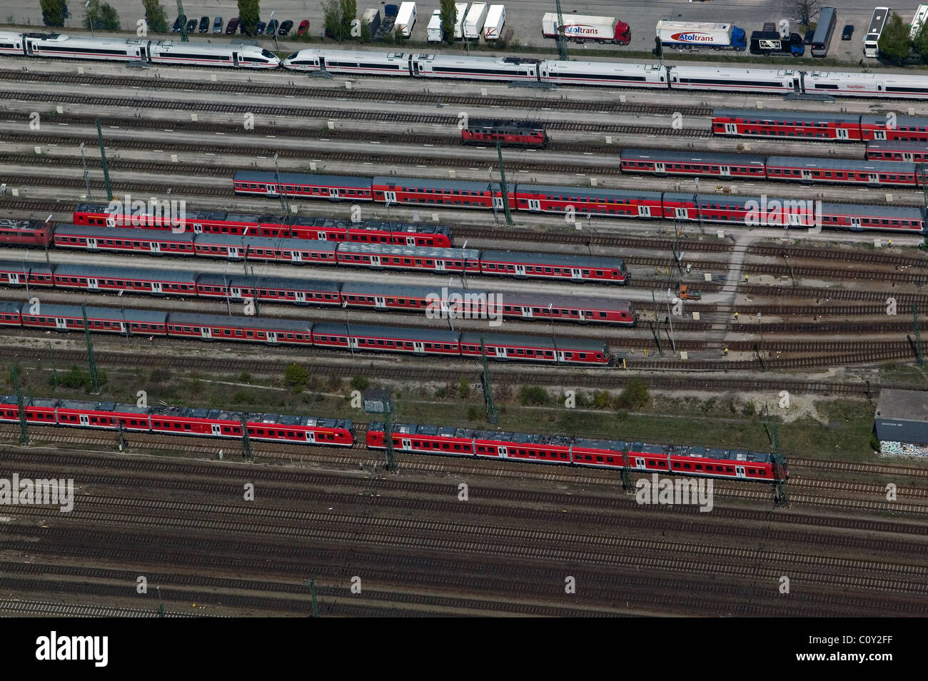 aerial view above Deutsche Bundesbahn railroad cars at central rail station Munich München Hauptbahnhof Germany Stock Photo