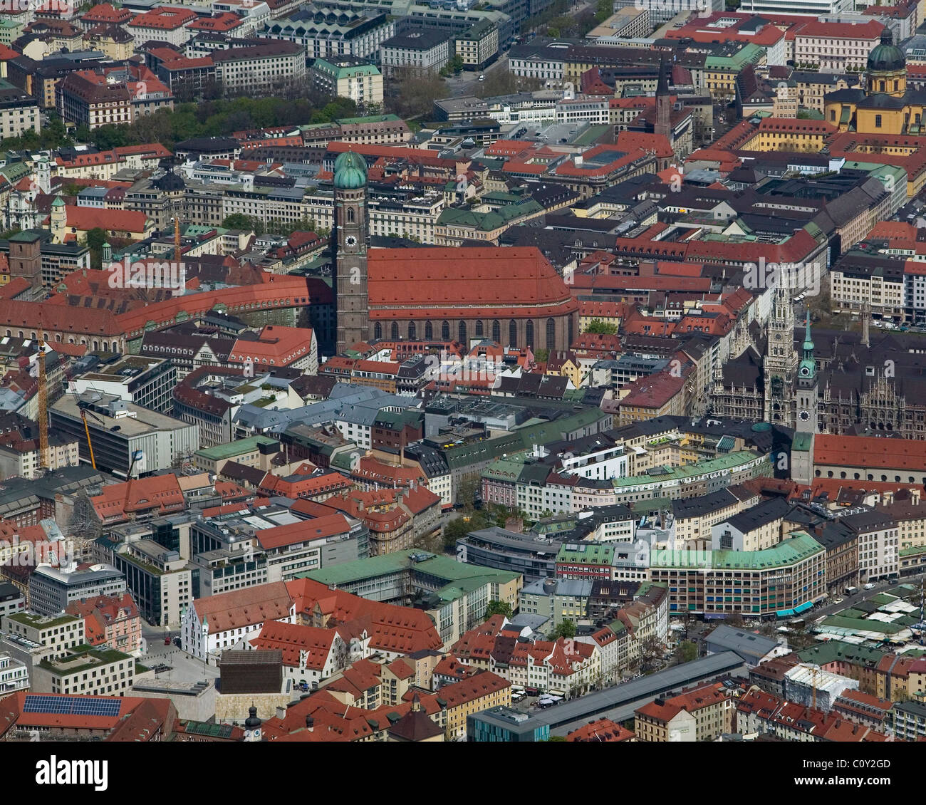 aerial view above Frauenkirche and neues Rathaus central historic district Munich Germany Stock Photo