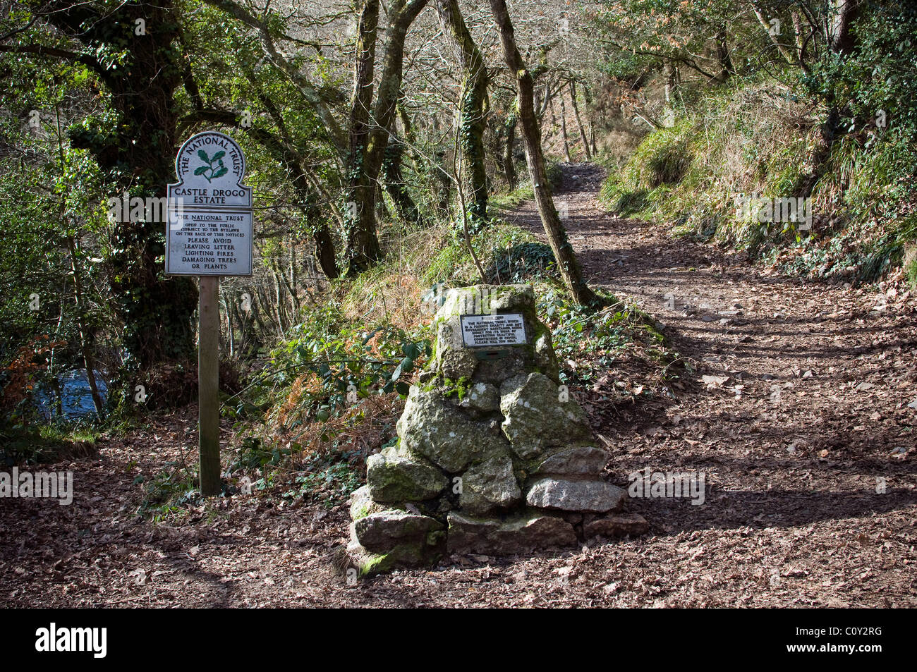 Fingle Bridge woods near Castle Drogo,Drewsteignton,Devon,Teign Gorge, between the ancient hillforts of Prestonbury Castle 130 metres (430 ft) Stock Photo