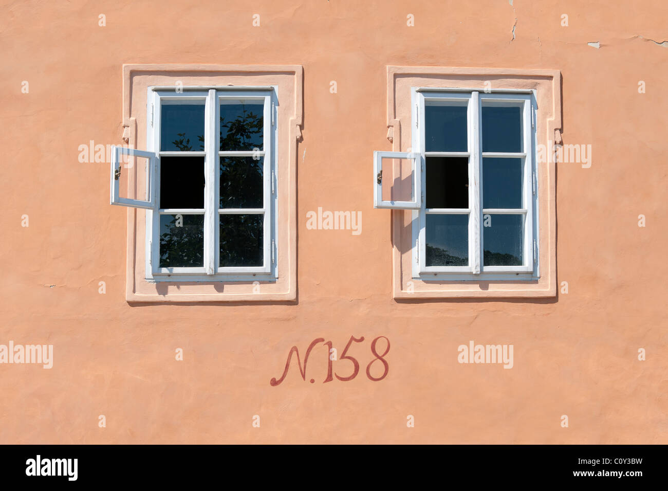 Prague - Two old windows with a number 158 Stock Photo
