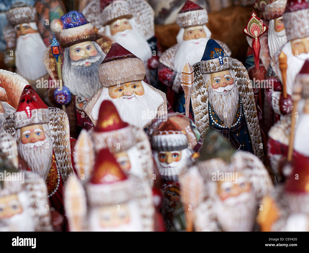 Hand carved and painted traditional Russian "Santa Claus" figures on