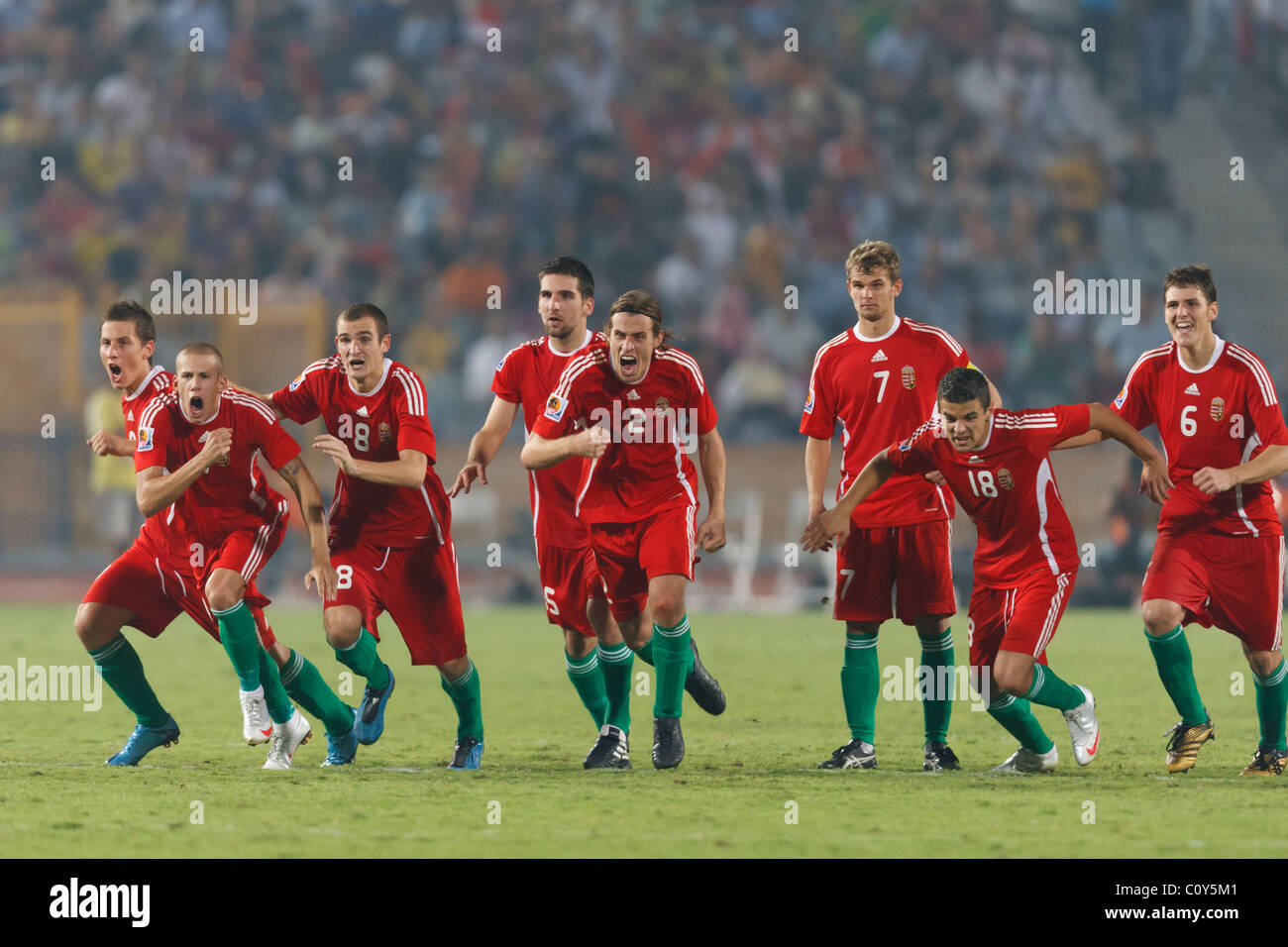 Hungary players react after winning the 2009 FIFA U-20 World Cup third place match on penalty kicks against Costa Rica. Stock Photo