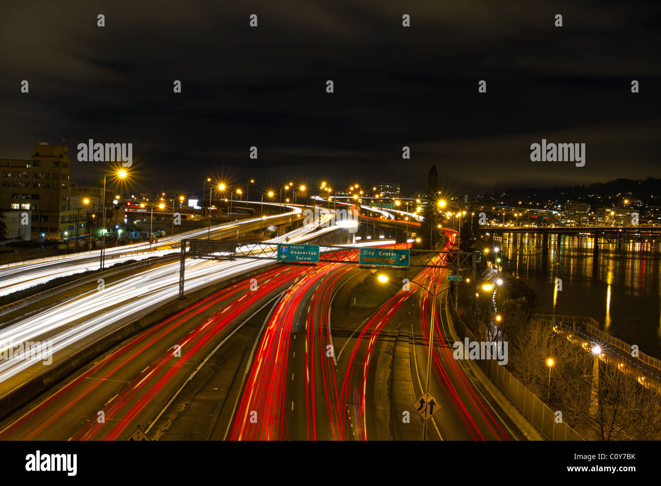 Freeway Light Trails in Portland Oregon Downtown at Night Stock Photo