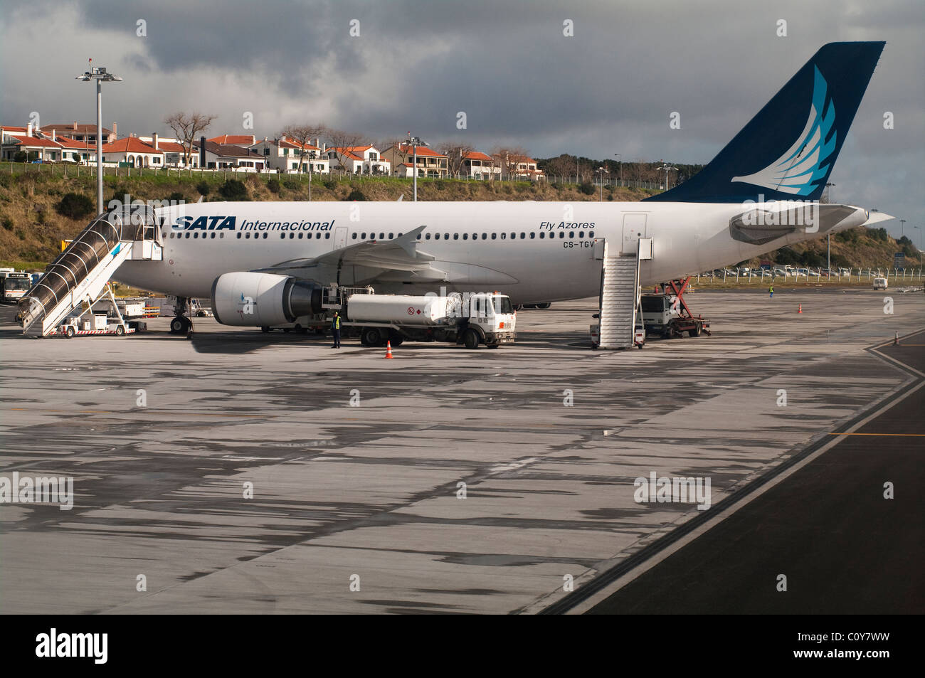 Airbus from SATA international airline parked on São Miguel island Airport, in the Azores Stock Photo