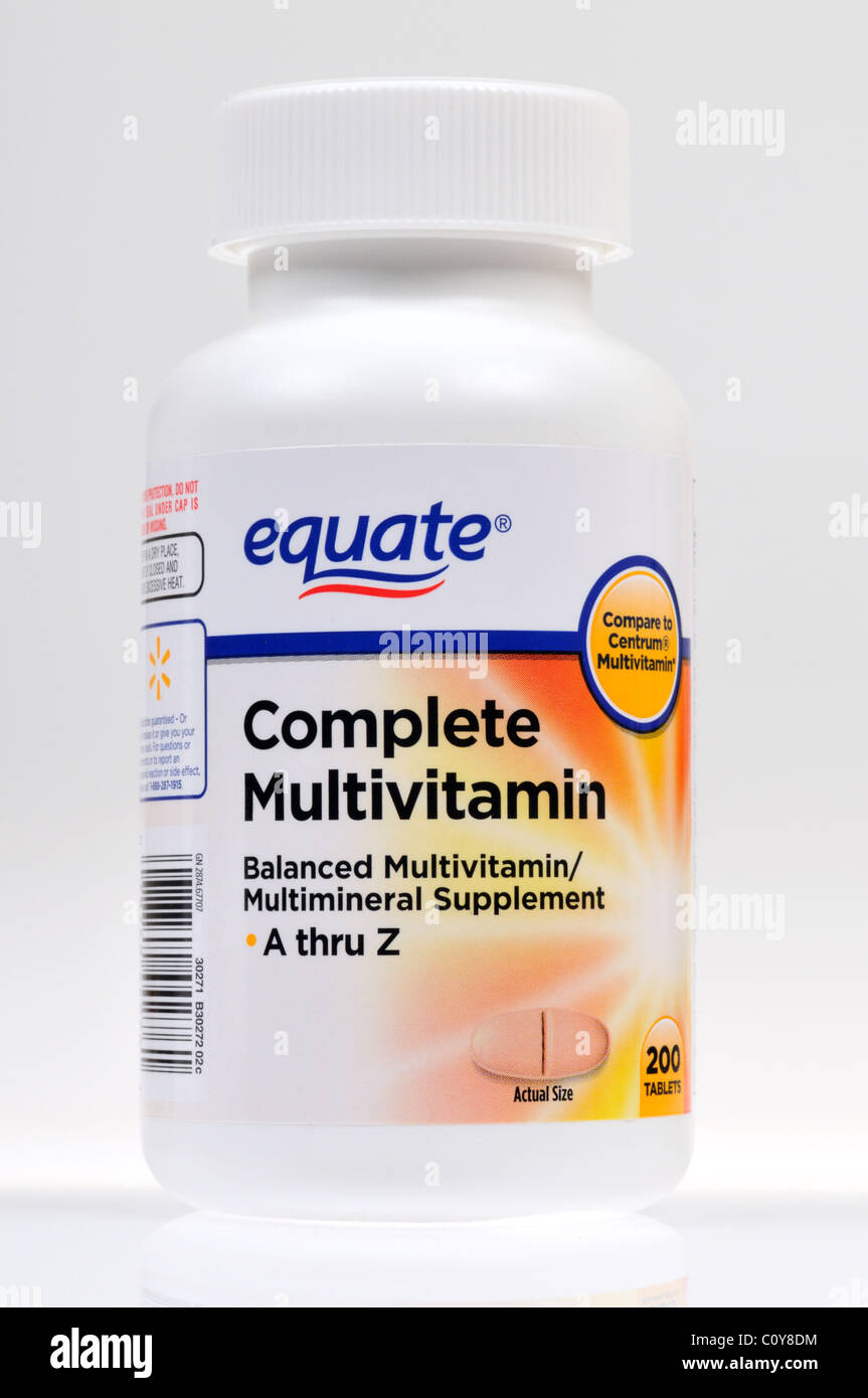 Bottle of Equate Multivitamins on white background, cutout. Stock Photo