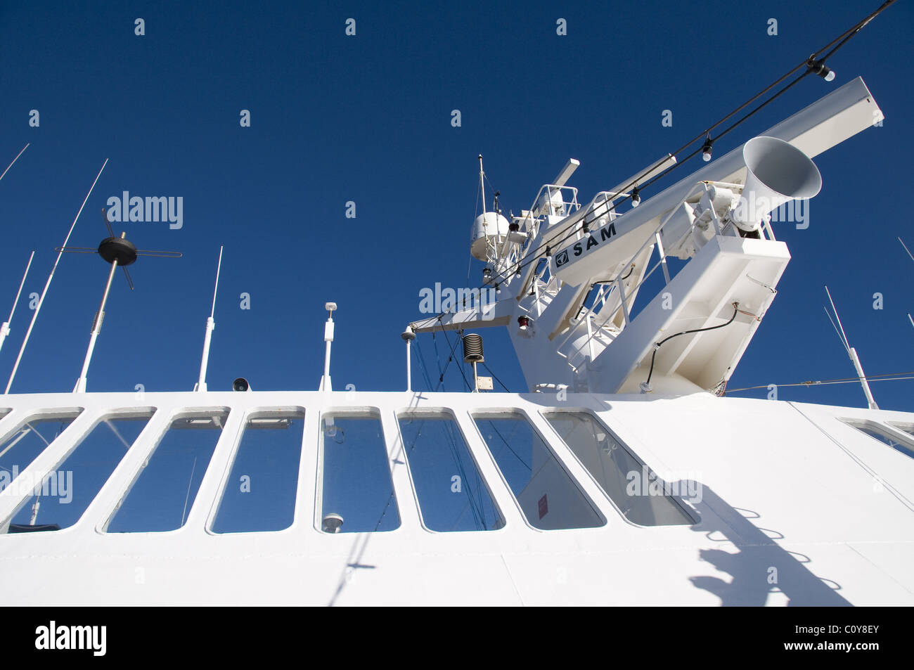 Radar equipment on the cruise ship Pacific Sun as it cruises the Whitsunday Islands, Queensland