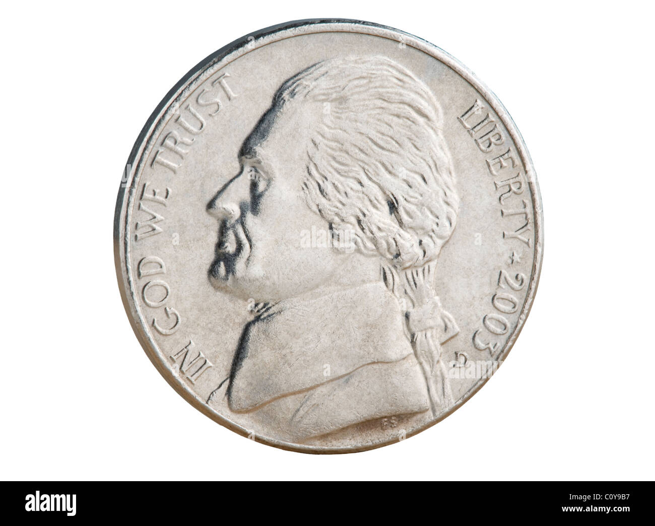2010 US nickel coin. The face value of 5 cents is now less than the value of the metals in the coin. Stock Photo