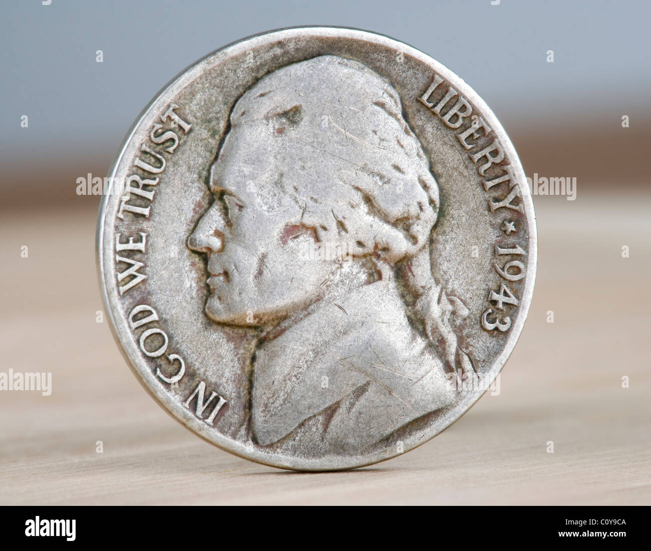 1943 US War nickel. So called because during WWI, nickel was in high demand and nickels were made with higher silver content Stock Photo