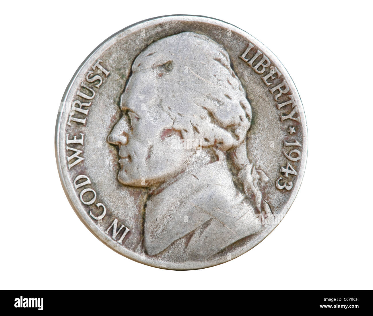 1943 US War nickel. So called because during WWI, nickel was in high demand and nickels were made with higher silver content Stock Photo