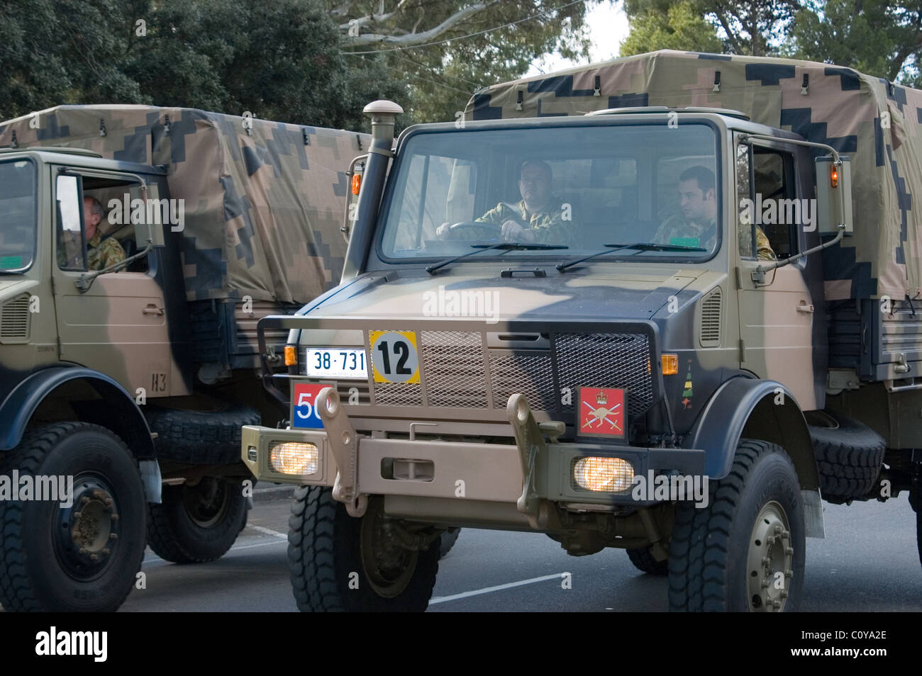 Australian Army vehicles, Torrens Parade Grounds in the city of Adelaide, South Australia. Stock Photo