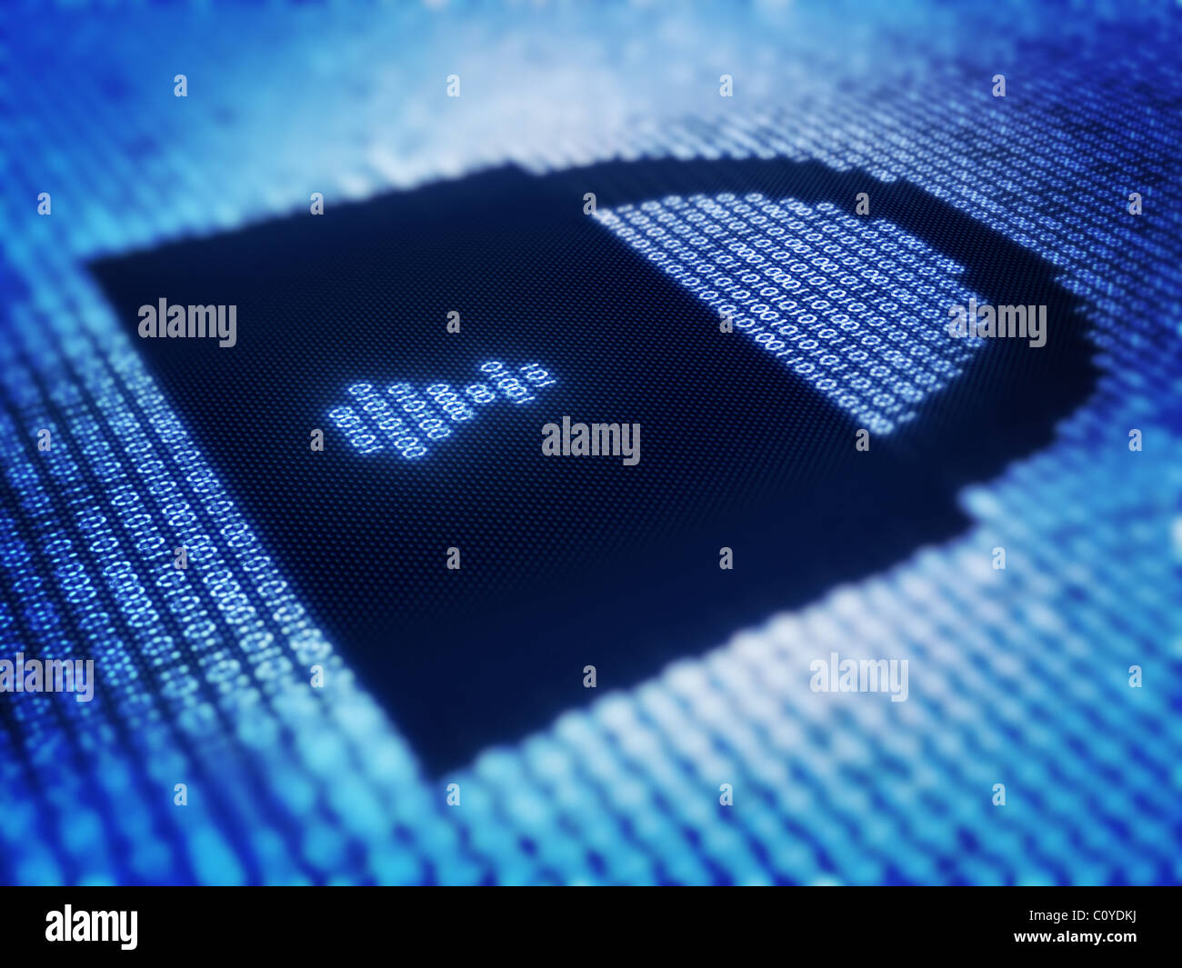 Binary code in a lock pattern on detail pixellated screen - 3d render with selective focus Stock Photo