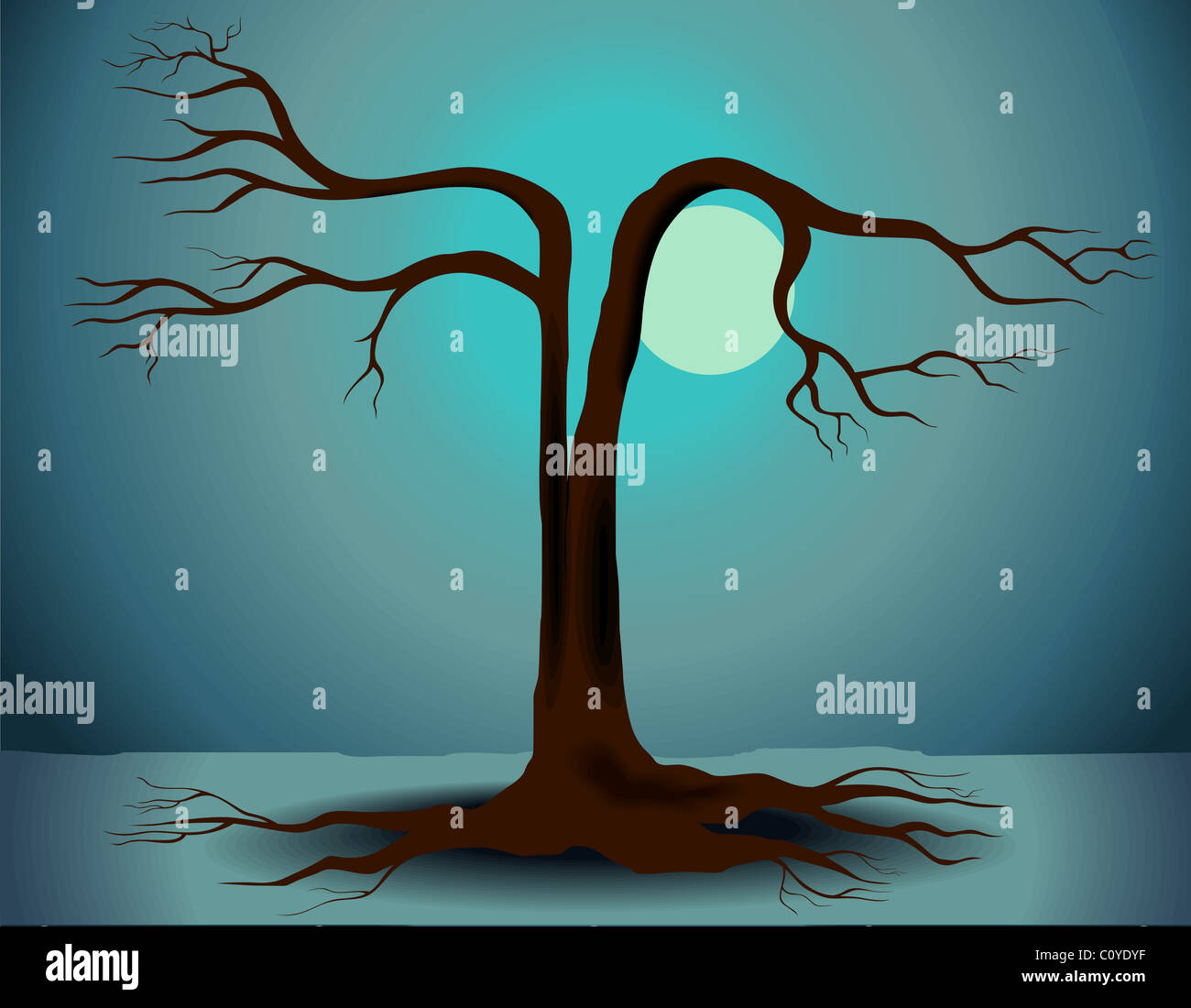 tree in a moon background Stock Photo