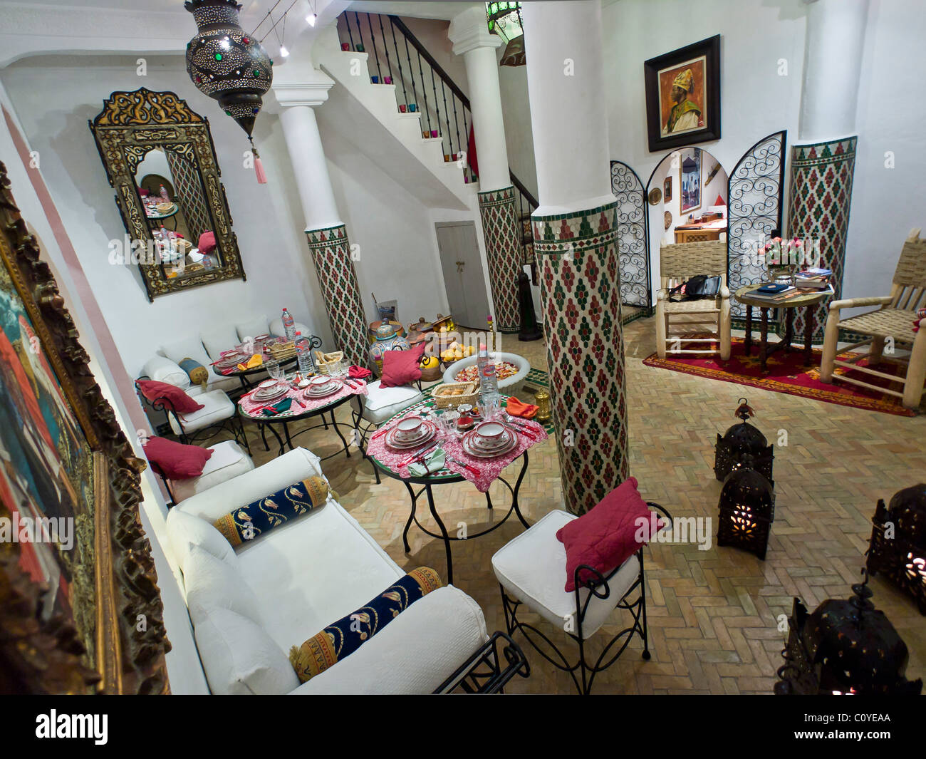 Interior of typical charming guest house, Moroccan Riad Stock Photo