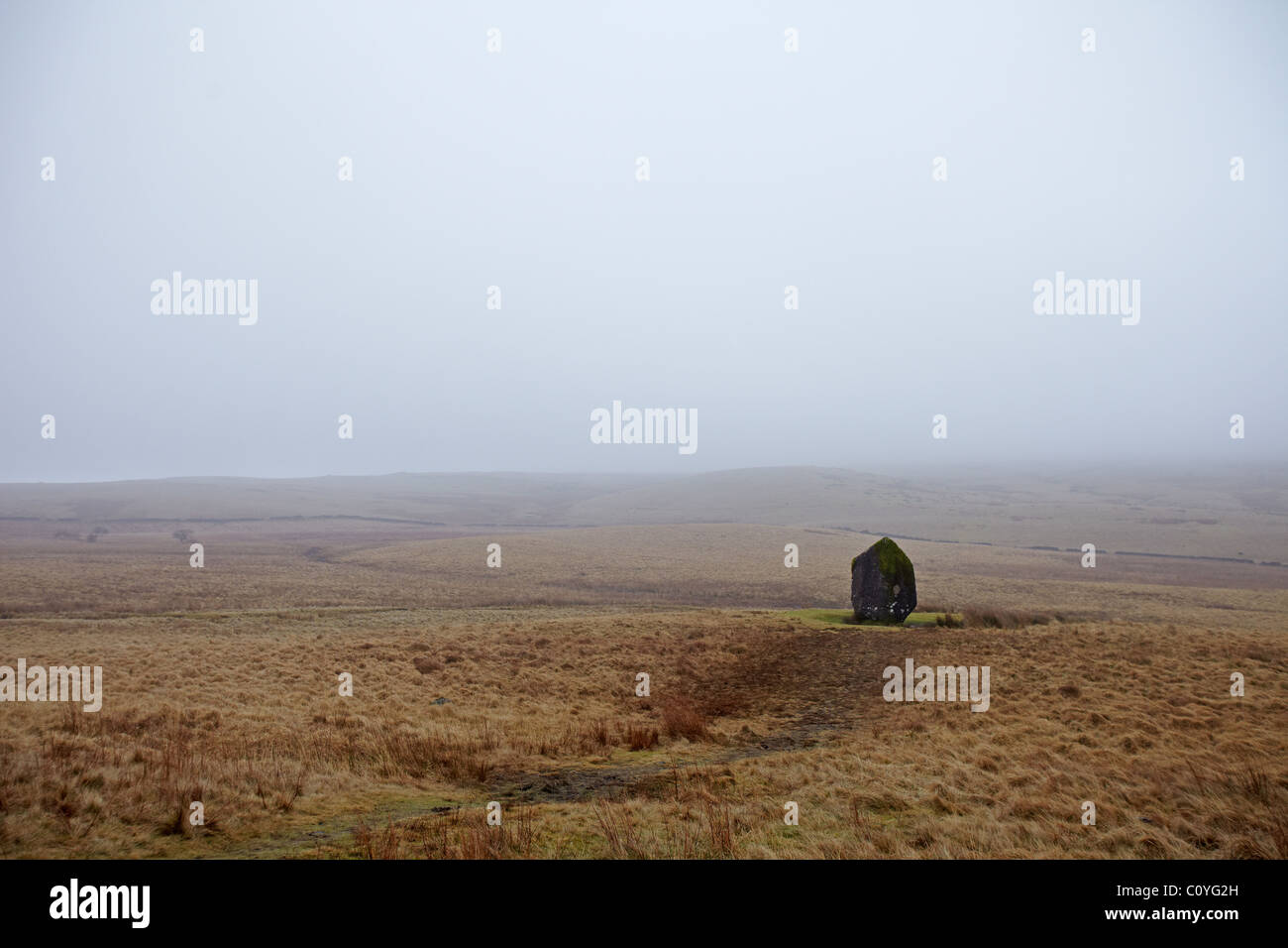 Mist shrouded Neolithic monument of Maen Llia, Brecon Beacons, Wales, UK Stock Photo