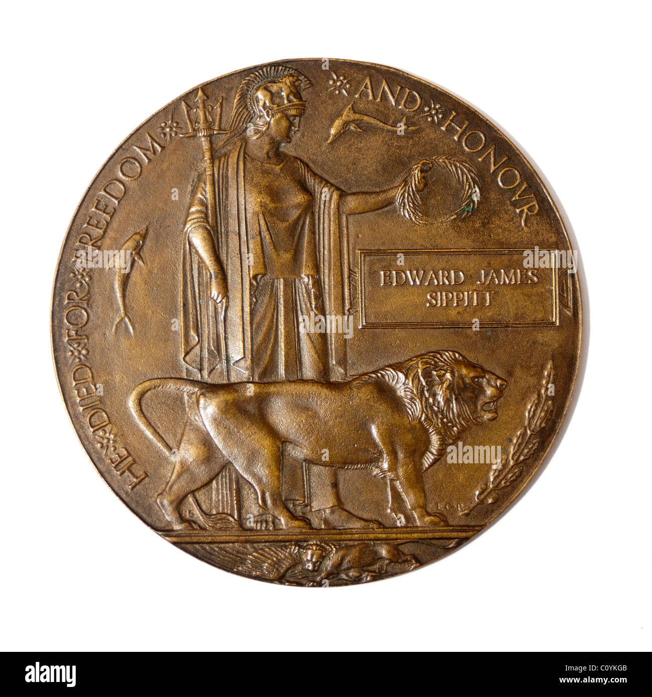 The Great War Memorial Plaque, often referred to at The Dead Man's Penny, was issued after the First World War 1914 - 1918. Stock Photo