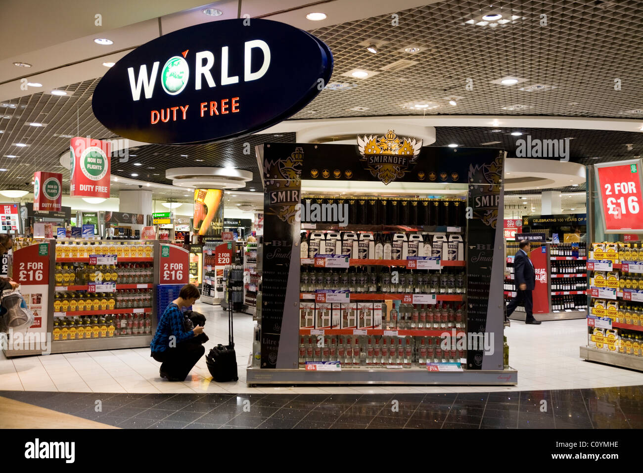 'World Duty Free' shopping area / shop / shops in the departure lounge of Heathrow airport, Terminal 3 / three. London. UK. Stock Photo