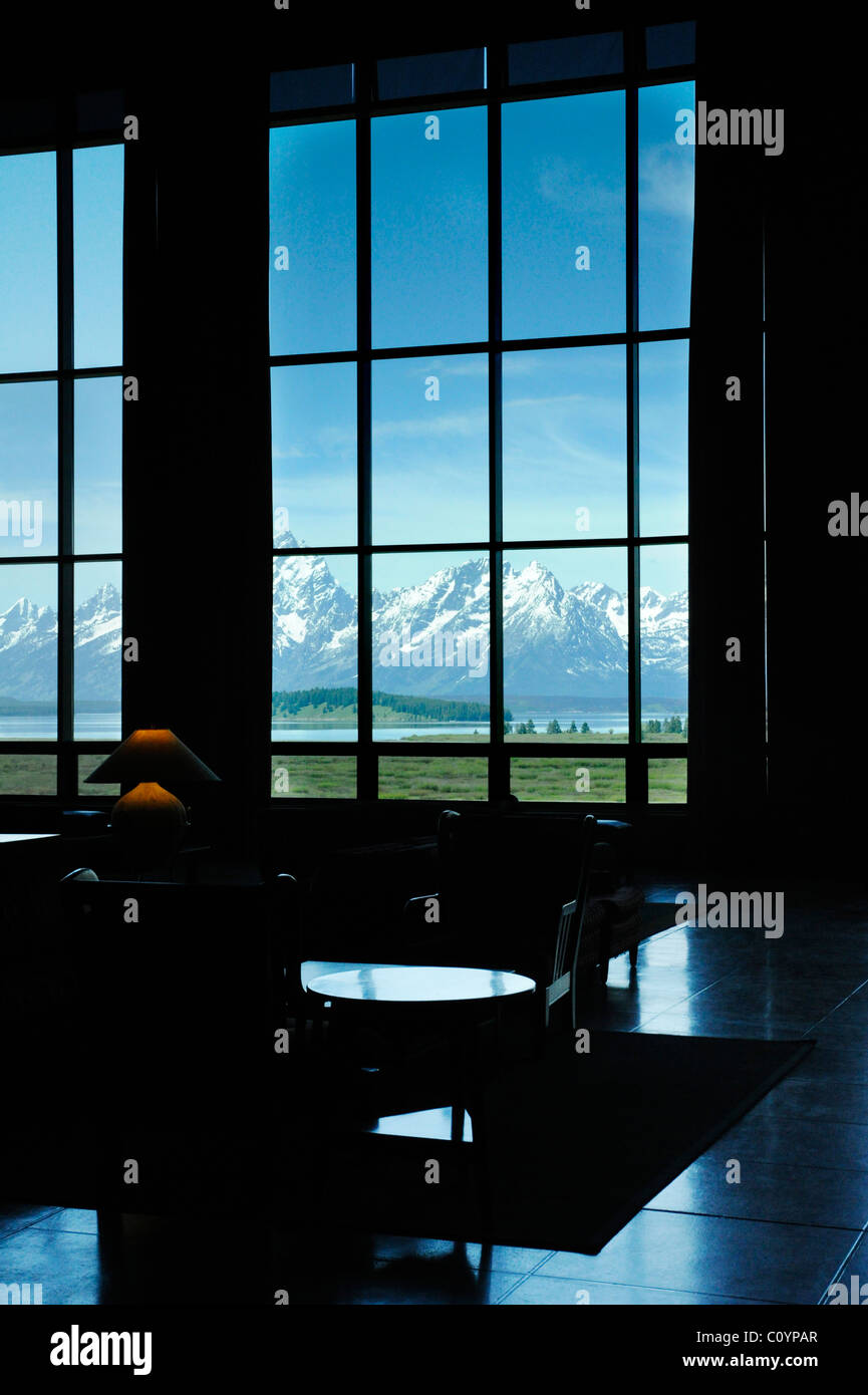 View out on to The Tetons Range from inside Jackson Lake Lodge in Grand Teton National Park, Wyoming, USA Stock Photo