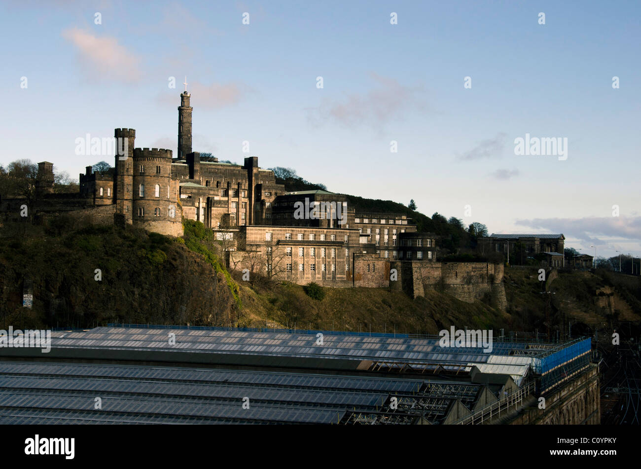 Old St Andrews House and Calton Hill from the North Bridge, Edinburgh, Scotland. Stock Photo