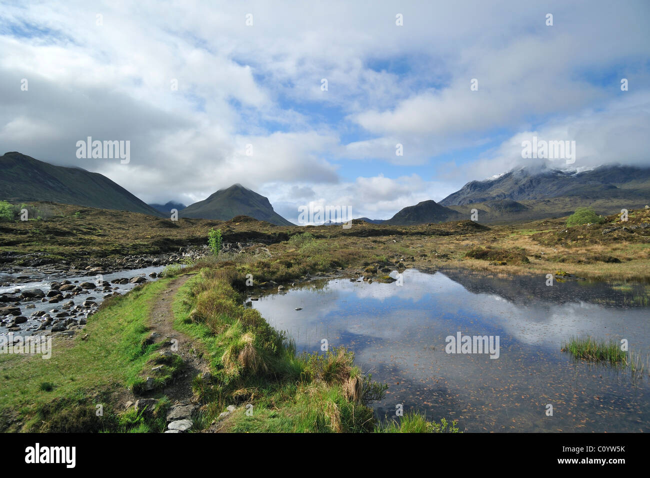Pool and the river Sligachan with view over Sgurr nan Gillean and the Red and Black Cuillins, Isle of Skye, Scotland, UK Stock Photo