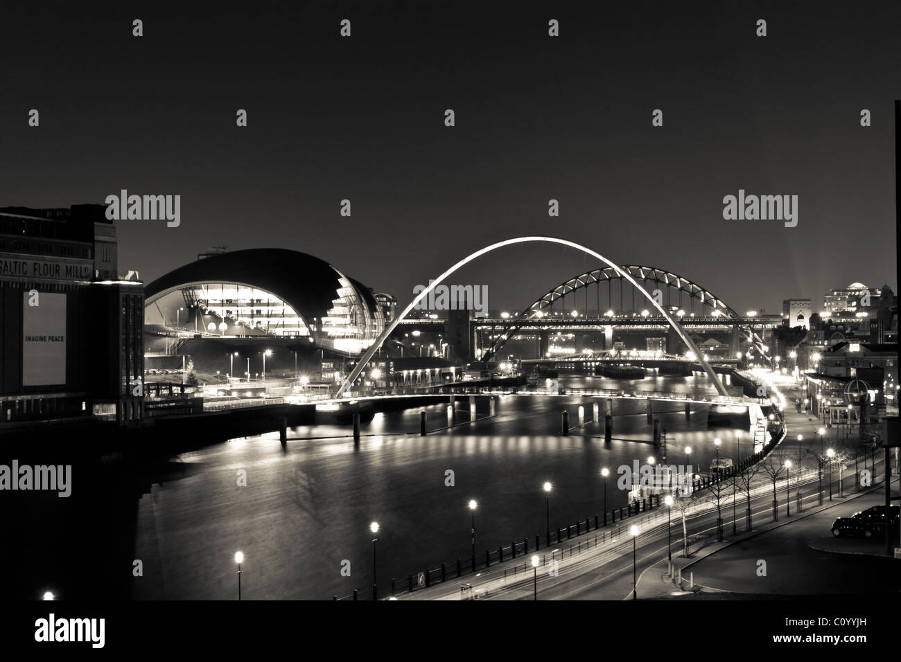 Newcastle and Gateshead quayside monochrome night time. Stock Photo