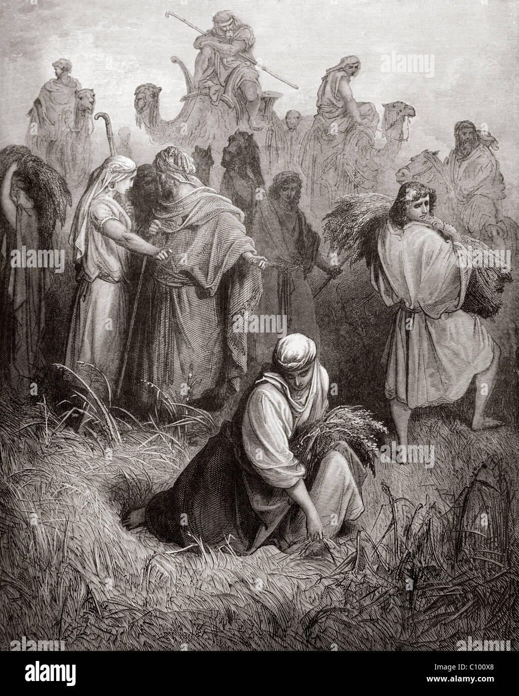 Bible Stories Black And White Illustration Of Boaz and Ruth Book of Ruth 2:22-23 Stock Photo