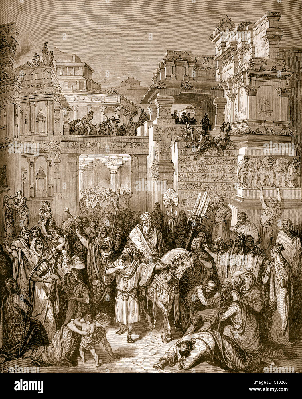 Bible Illustration Of Triumph of Mordecai By Gustave Dore Book of Esther 6:11 Stock Photo