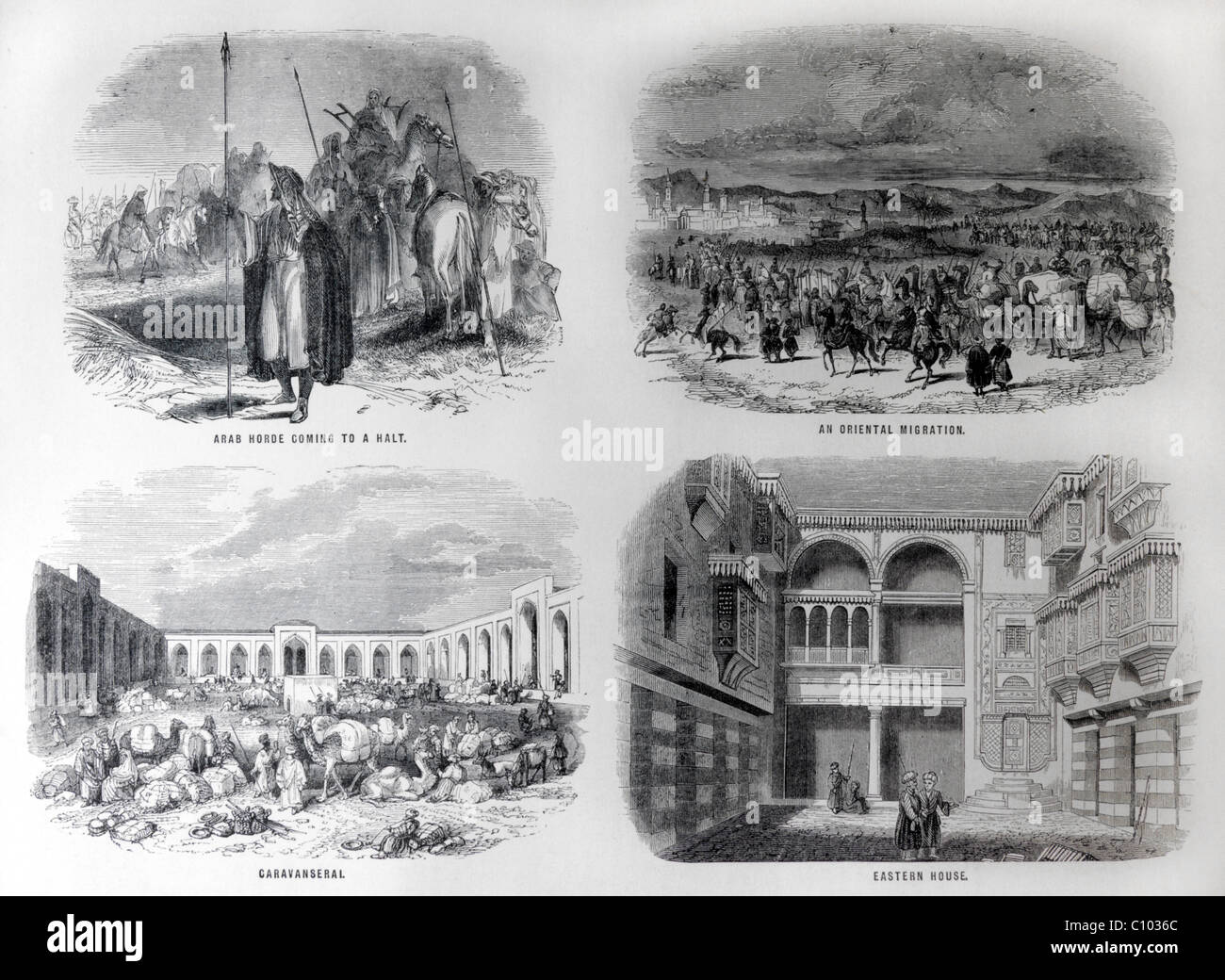 Bible Illustrations Of Arab Horses Coming To A Halt, An Oriental Migration, Caravanseral And An Eastern House Stock Photo