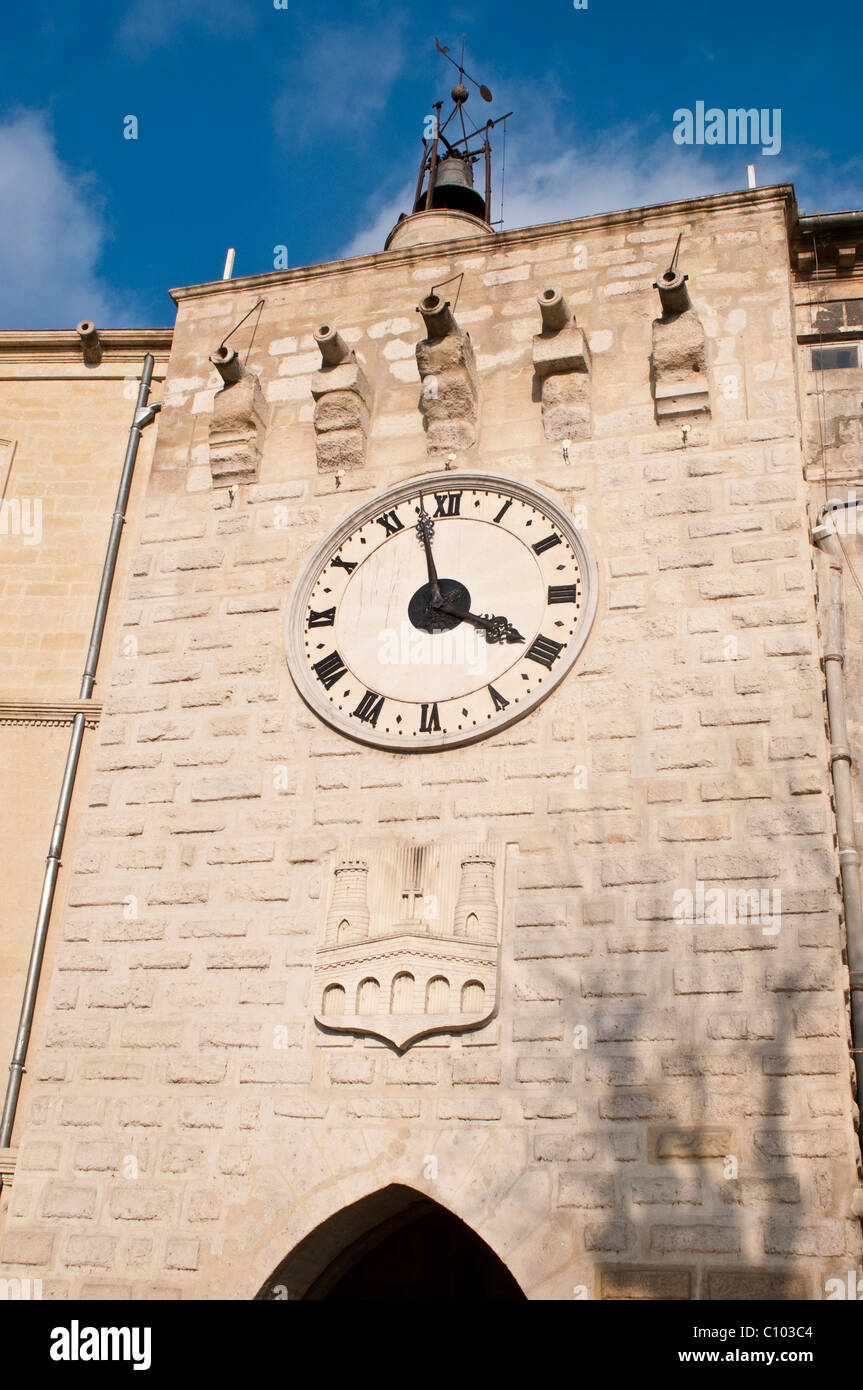 Gothic town gate Tour de l'Horloge, Sommieres, Gard, Languedoc, France Stock Photo